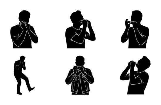 Harmonica Player Silhouettes, Musical Instrument Performance, Blues Musician Poses, Vector Set