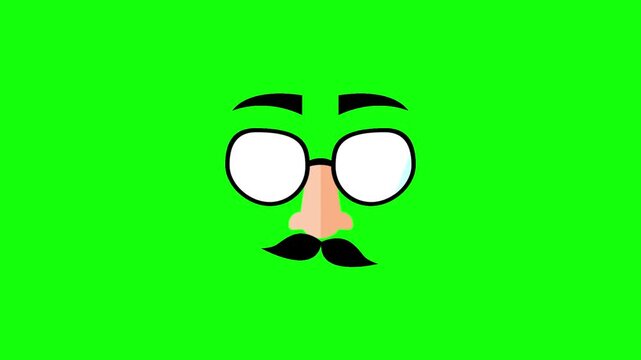 Classic disguise mask with thick black eyebrows, round white spectacles, peach nose and handlebar mustache. Isolated on vivid green screen, rubber-hose animation style, seamless loop.