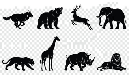 Wild Animal Silhouette Collection Featuring Wolf Bear Deer Elephant Panther Giraffe Rhino and Lion Vector  Animal Silhouette Collection Featuring Wolf Bear Deer  © ALPANA