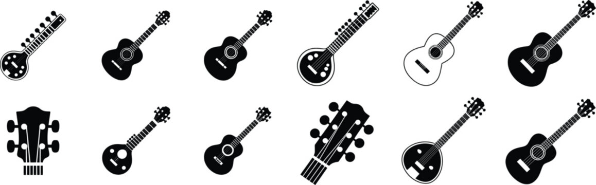Acoustic and electric guitar icons collection including stringed musical instruments like mandolin banjo sitar for studio and performance art.