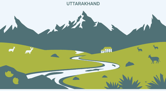 Uttarakhand vector landscape with mountains and winding river