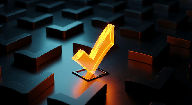 Glowing golden checkmark symbol standing out among dark outlines on a reflective surface with stand out checkmark solution complete achievement highlight approval excellence distinction