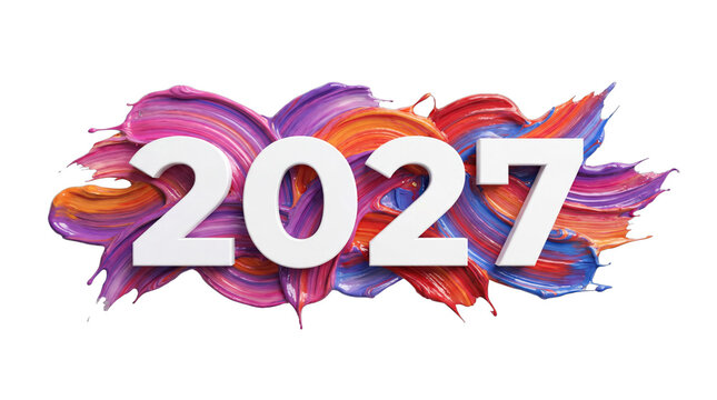 Abstract 2027 New Year Greeting Template - 3D Typography on Colorful Acrylic Paint Stroke Background
