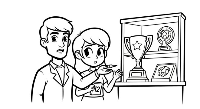 Young siblings admiring trophy display case together indoors.