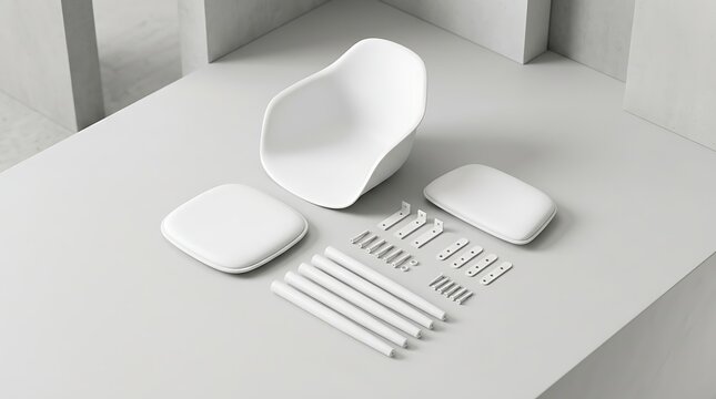 Flat lay of modern chair assembly kit with plastic seat and metal legs on neutral background for interior design projects
