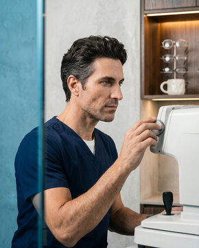 Side profile of a mature doctor adjusting a high-tech autorefractor device. Deep midnight navy scrubs contrast with tactile white medical apparatus and elegant azure glass partitions.
