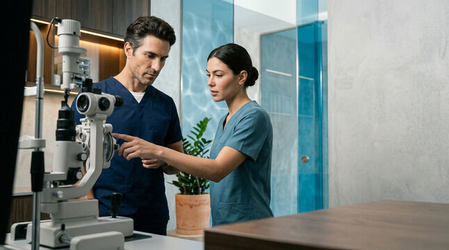 Collaborative shot of a male doctor and female assistant operating a diagnostic module. Deep navy and muted teal poplin fabrics against micro-cement walls and a lush green plant.
