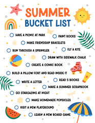Summer bucket list. Summer break activity for kids and family. Fun things to do checklist for children. Colorful printable worksheet with playful summertime and beach elements. Vector illustration © Anna Shalygina