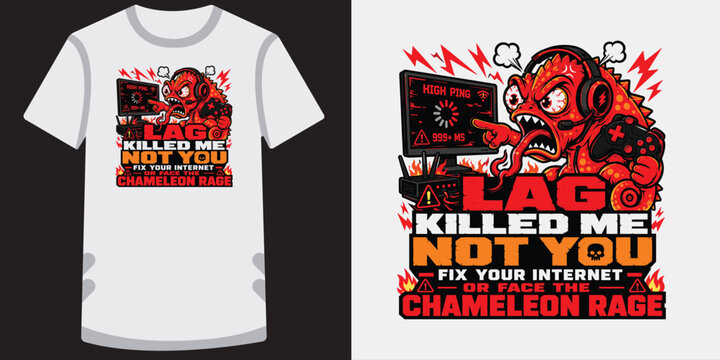 Angry red chameleon gamer yelling at computer screen with high ping text for t shirt print.