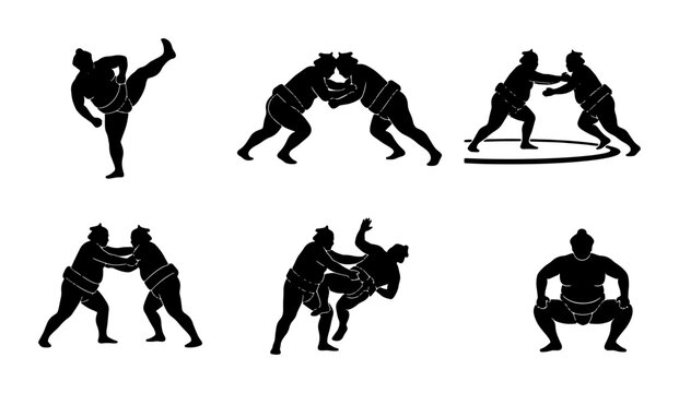 Sumo Wrestling Silhouettes, Martial Arts Action Poses, Japanese Combat Sports Icons, Dynamic Fighter Movements, Traditional Athleticism, Vector Graphics Set