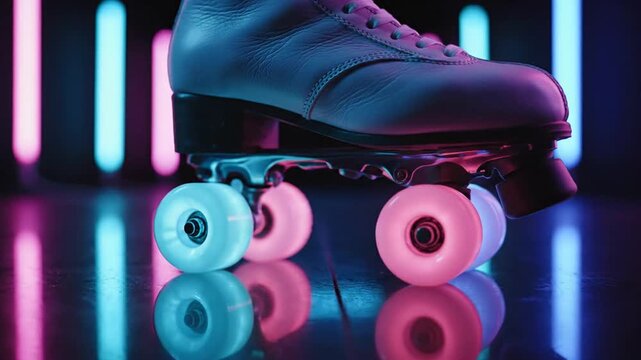 Close up of white roller skate with glowing neon wheels