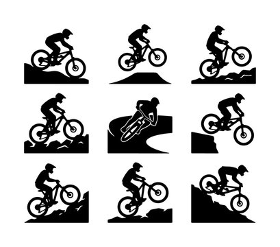 Mountain Bike Rider Silhouettes, Extreme Sports Action, Downhill Cycling Vector Set, Dynamic Off-Road Bicycle Graphics