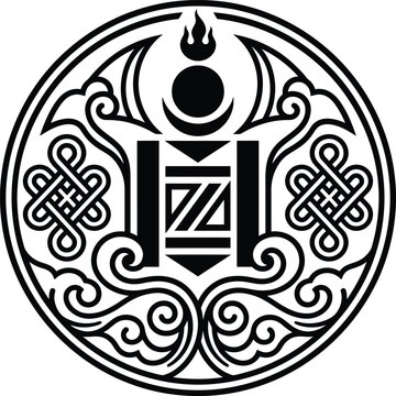 A intricate monochrome emblem featuring traditional mongolian soyombo symbol with intricate adorning patterns.
