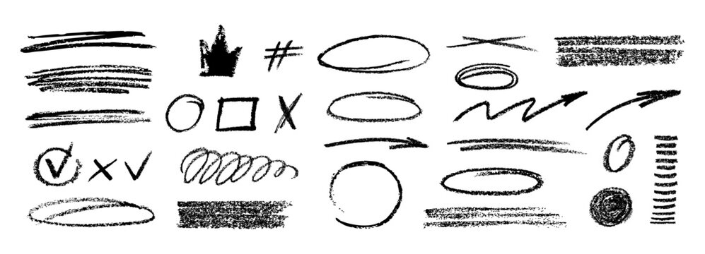 Crayon scribble line with hand drawn chalk, pencil, pen and charcoal texture. Doodle with highlight brush stroke and circle mark. Vector check crayon with sketch squiggle line.