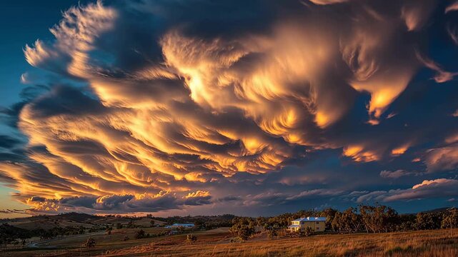 Clouds gather in the evening sky over rolling hills near a small house as the sun sets and colors change in the countryside landscape