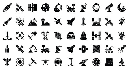 A clean layout grid sheet of 50 unique, futuristic Space Economy and aerospace vector silhouette icons on a solid white background .eps © MDSHAMSUDDIN