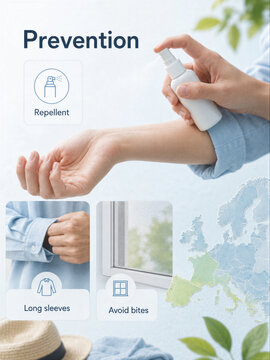 Woman applying mosquito repellent on skin for chikungunya protection. Visual guide with long sleeve and window screen tips to avoid insect bite and virus disease prevention awareness.