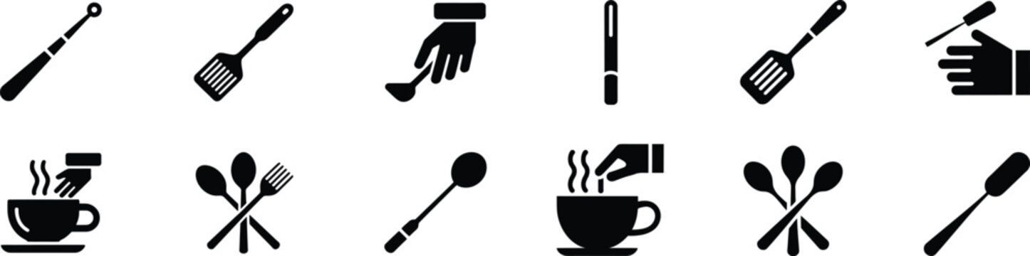 Kitchen utensil and cooking icons in silhouette, isolated on transparent background, culinary theme vector art.