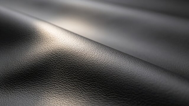 Closeup of wrinkled black grain leather surface with soft highlight, textured hide backdrop for furniture and leather goods product presentation