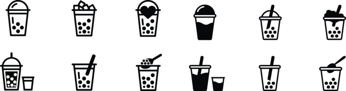 Set of boba tea icons flat vector illustrations various styles bubble tea and milk tea.