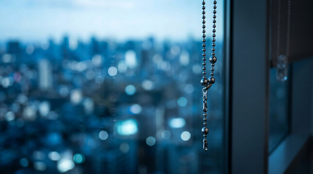 Macro View of Metallic Window Blinds Pull Chain in Blue Minimalist Meeting Room
