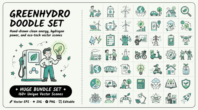 Green hydro doodle set, eco friendly vector icons, sustainable energy illustrations, environmental graphics