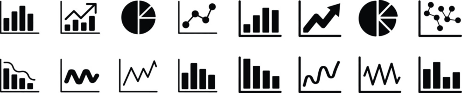 Collection of diverse business and data graph icons, including bar charts, line graphs, and pie charts on transparent background.