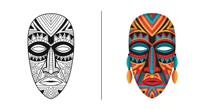 Comparison of a traditional African tribal mask shown in both black and white line art and vibrant full color.