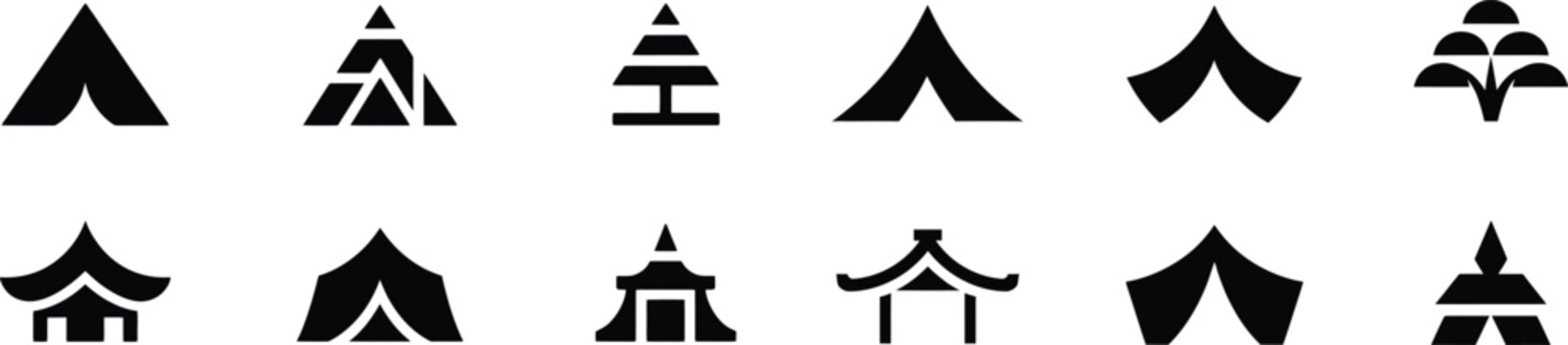 Camping tent icons set featuring various outdoor shelter designs for hiking travel adventures and mountain expeditions on transparent background.