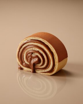 Rolled chocolate cake slice with molten ganache filling and cocoa powder dusting