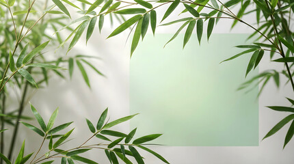 Fototapeta premium Bamboo leaves frame with copy space on a soft green background