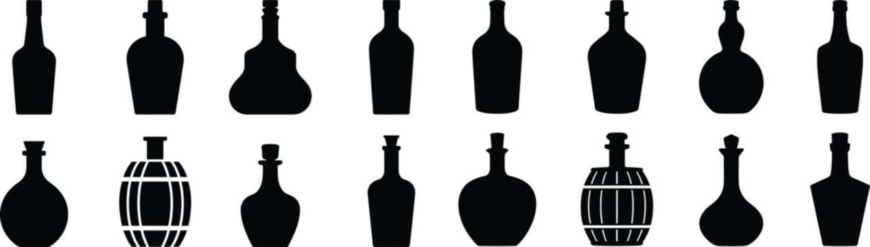 Alcohol bottle silhouette collection with various glass shapes for wine spirits beer liquor and beverage industry packaging design elements.