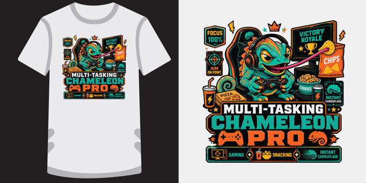 Multi tasking chameleon pro gamer eating snacks while playing video games on computer.