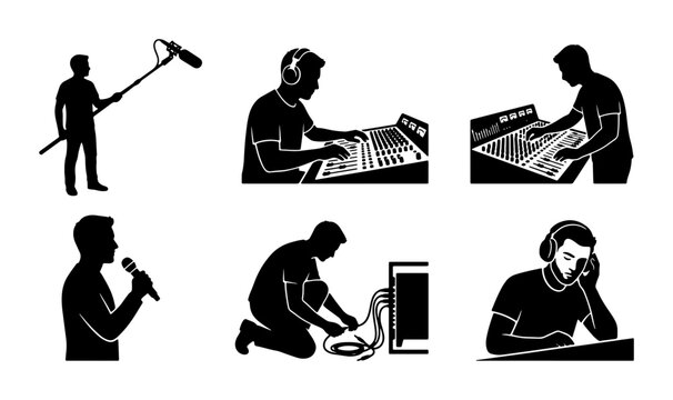 Audio Production Icons Set: Sound Engineer, Microphone, Mixer, Cables, Headphones, Studio Equipment, Music Creation, Broadcast, Recording