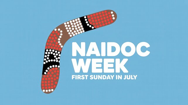 NAIDOC Week announcement with traditional decorated boomerang on a light blue background