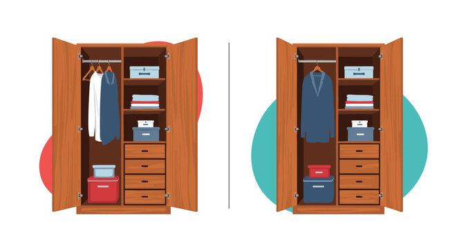 Split screen illustration showing the contrast between a messy cluttered wardrobe and an organized tidy closet.