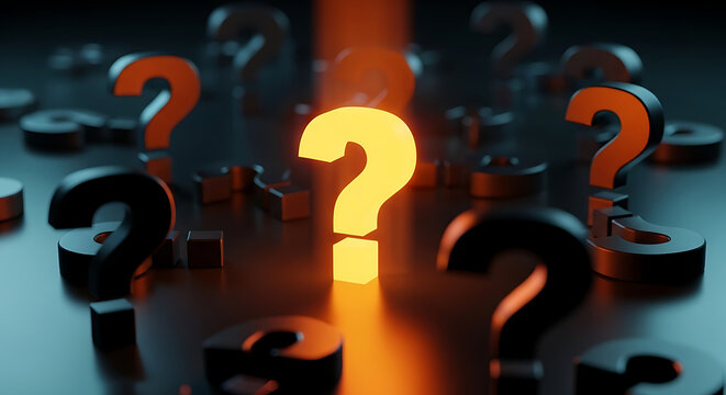 Conceptual glowing orange question mark standing out among dark symbols on a reflective surface representing a solution or bright idea with question conceptual solution confusion uncertainty