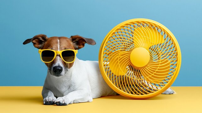 Funny portrait of a dog wearing sunglasses next to a yellow fan