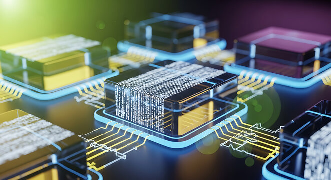 Macro view of electronic computer microchips on a motherboard with glowing blue integrated circuits and digital tech components microchip technology processor motherboard electronic computer
