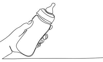 Obraz premium Hand holding a baby feeding bottle One Line Continuous Style. 