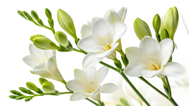 White freesia flowers with green buds isolated on white background, botanical floral composition, wedding decor element, spring blossom, natural beauty concept