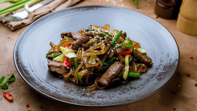 Savory Korean Stir Fried Glass Noodles with Tender Beef and Fresh Vegetables on a Dark Plate