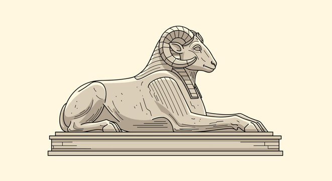 Detailed side view of a ram-headed sphinx statue sitting on a stone pedestal against a soft beige neutral background color in a museum.