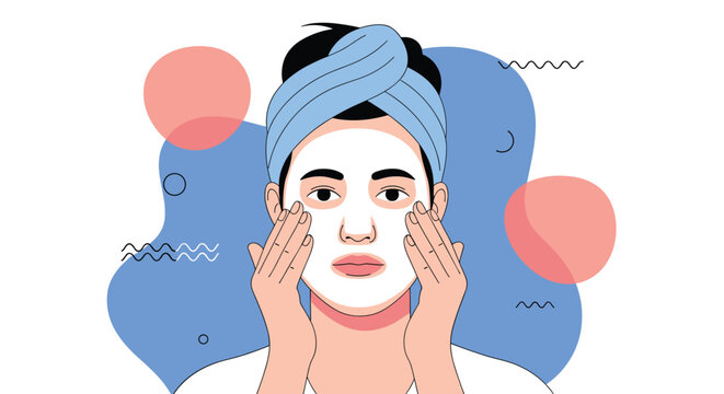 Close-up illustration of a woman wearing a white sheet mask and a blue hair wrap against a colorful abstract geometric background of shapes.