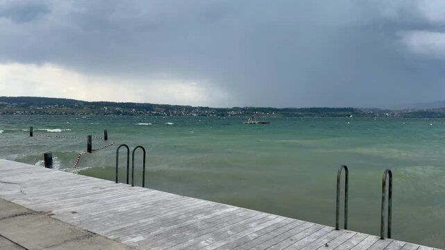 Stormy Lake Zurich Under Dark Thunderstorm Sky