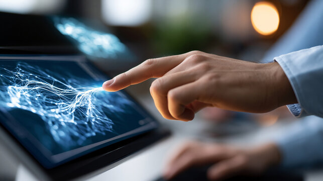 A close up of European hands connects softly a bright model to a database on a monitor while a glowing softly defocused connection panel floats nearby against a bright