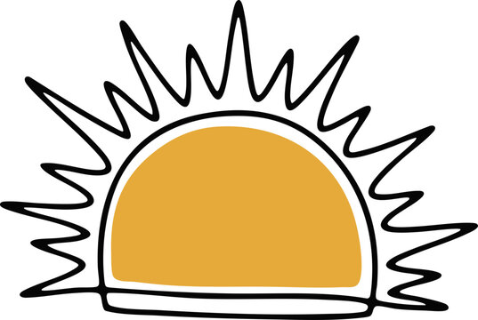 Hand Drawn Yellow Rising Sun Vector Icon with Stylized Sunburst Rays