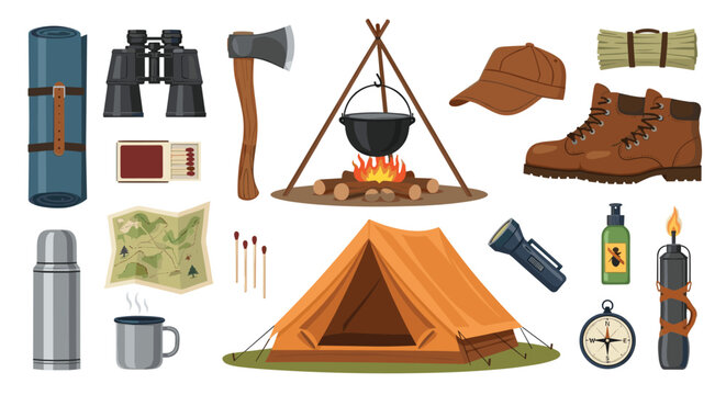 Extensive flat lay of camping and survival equipment such as a tent fire boots map backpack binoculars and other essential outdoor gear.