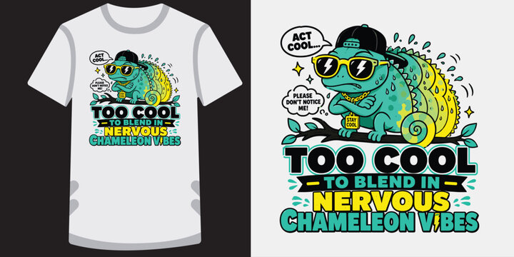 Chameleon wearing sunglasses and a backward baseball cap looking cool and nervous.