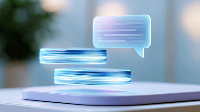 A glowing softly defocused conversational AI hologram with floating chat thread tiles drifts above a clean bright pastel platform in calm daylight conversational AI faceless